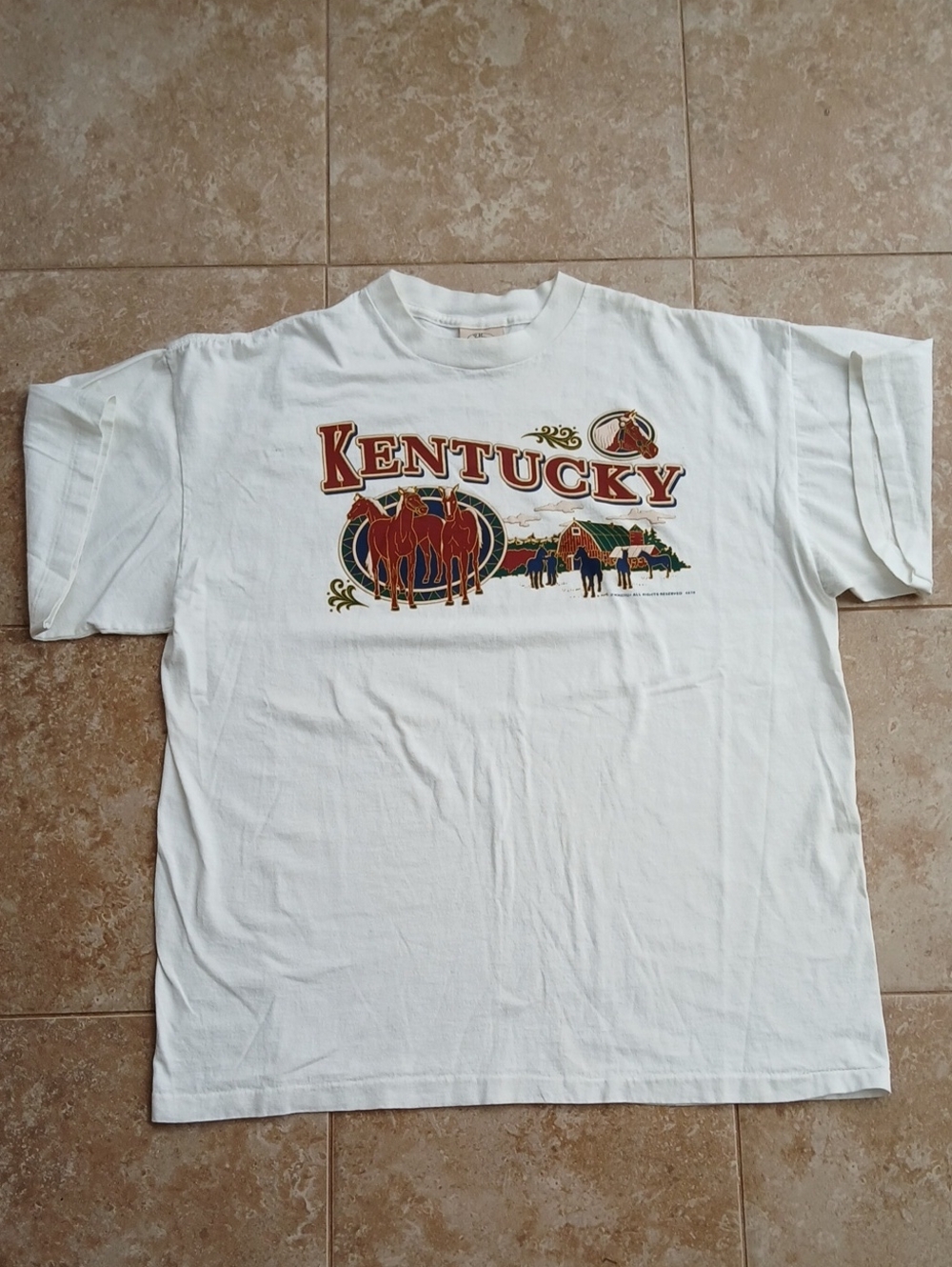 Vintage Kentucky Single Stitch White T‑Shirt with Horse Print